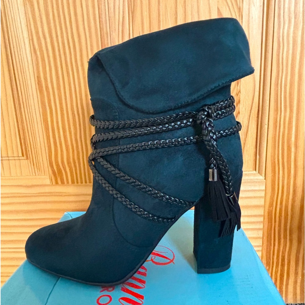 Banned Retro Winter Deep Green Teal Boho Ankle Boot Black Tassel Booties 38 NIB